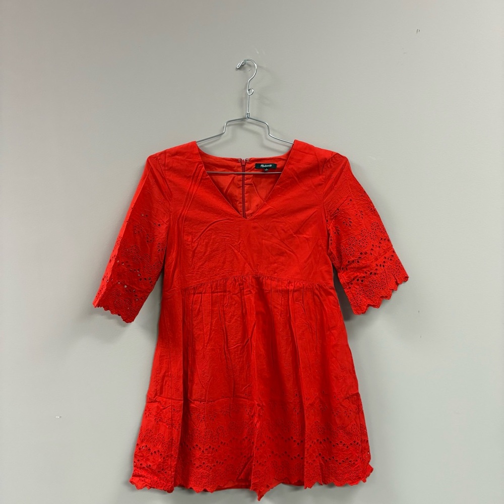Madewellโ Red Eyelet Mini Dress V-Neck Babydoll Scallop Hem Size 8